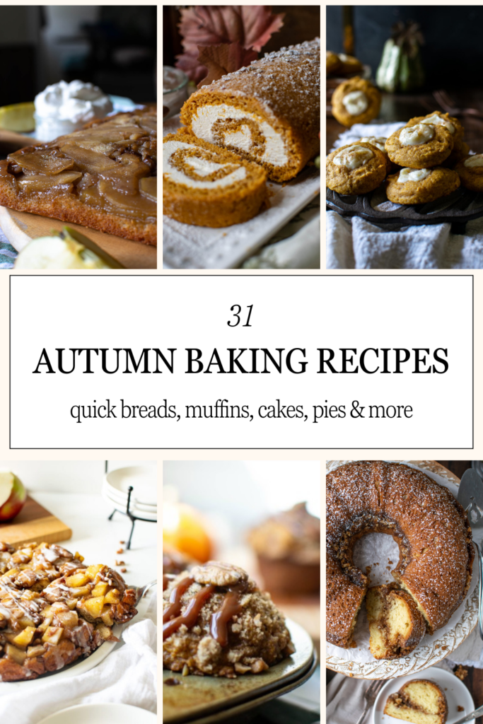 Pinterest Collage showing autumn baking desserts including coffee cake, pumpkin roll cake and upside down apple cake.