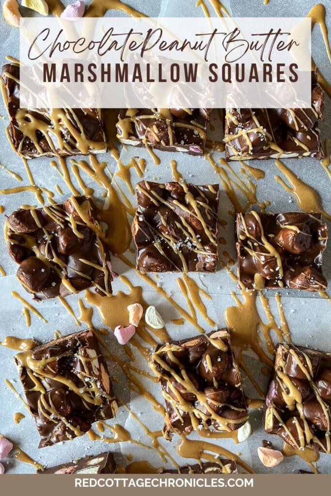 Pinterest Pin showing an overhead view of Chocolate Peanut Butter Marshmallow squares