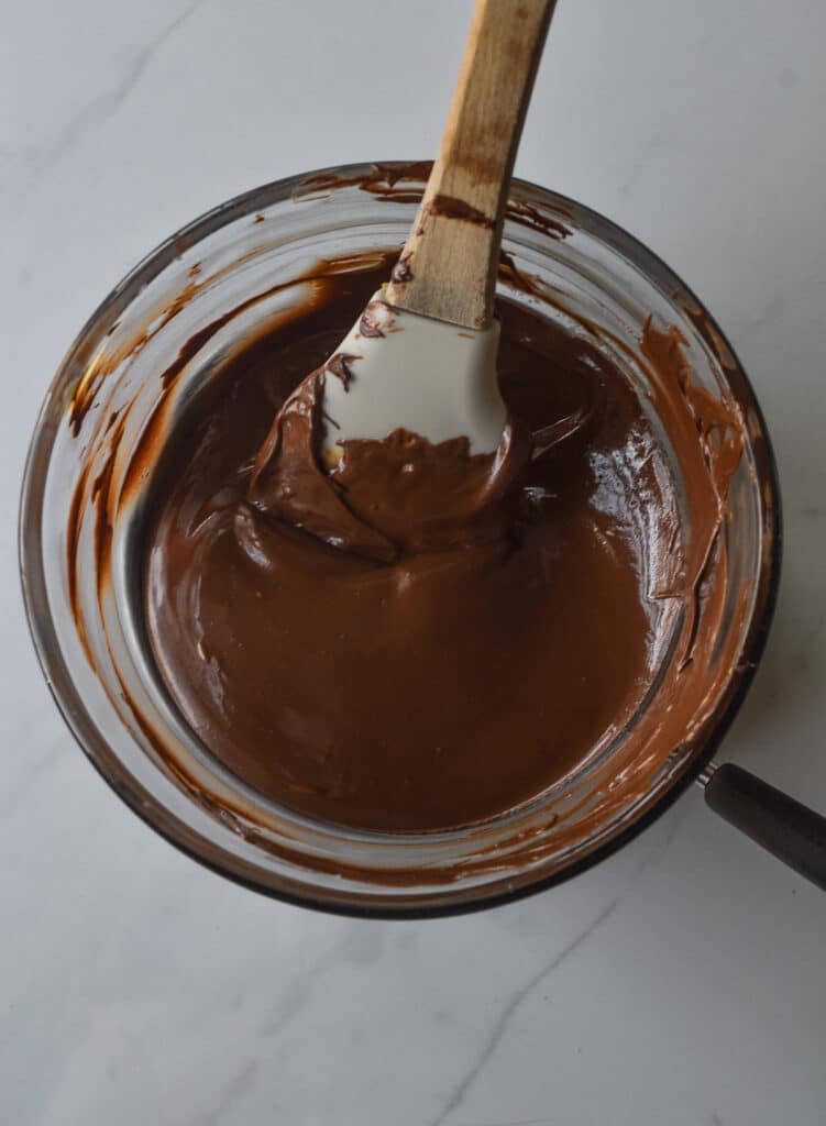 Overhead view of melted chocolate and peanut butter
