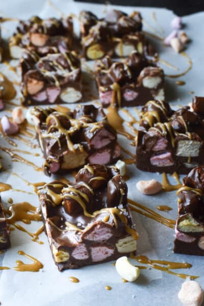 Chewy squares made with melted chocolate and peanut butter and mini marshmallows