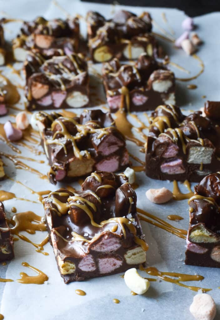 Chewy squares made with melted chocolate and peanut butter and mini marshmallows