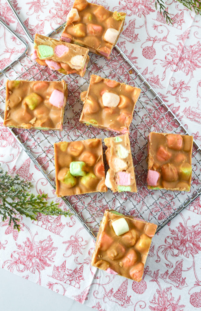 Confetti squares on a wire rack over a Christmas napkin