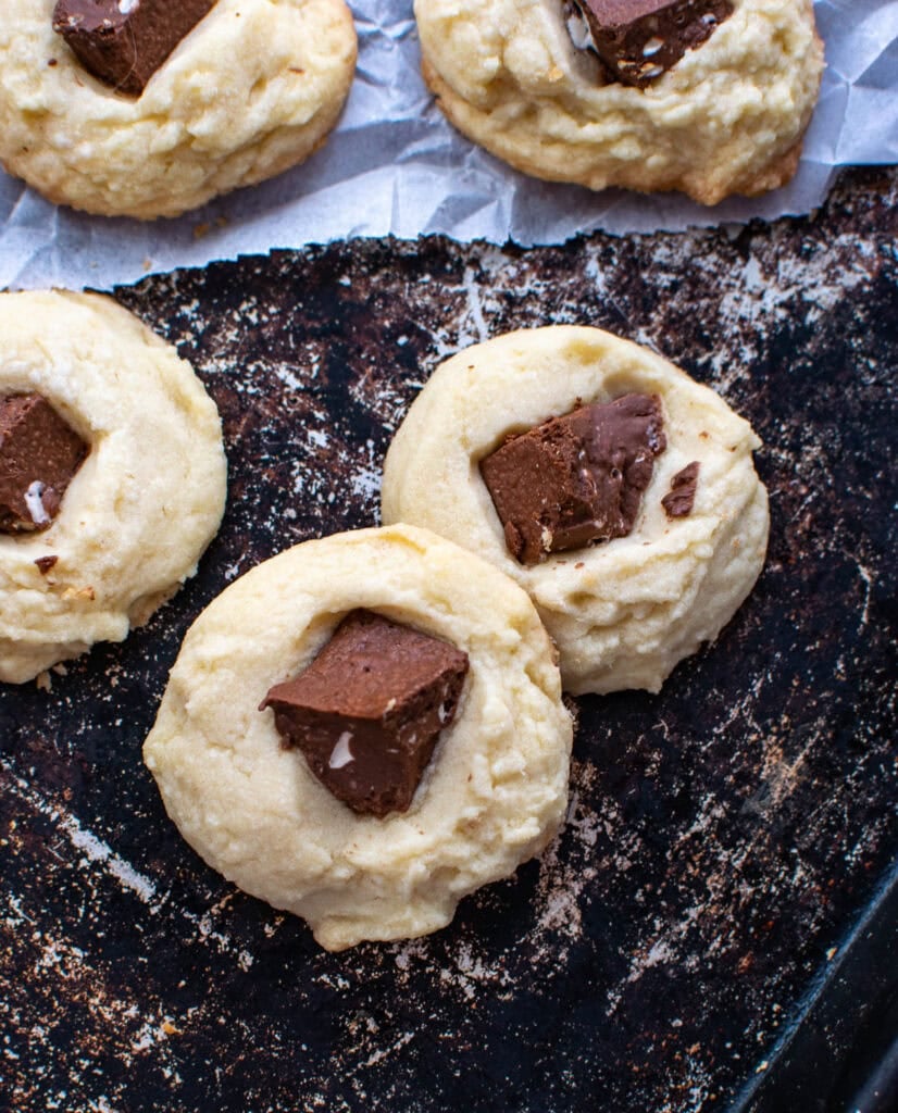 Toberlone shortbread on a well worn cookie sheet.