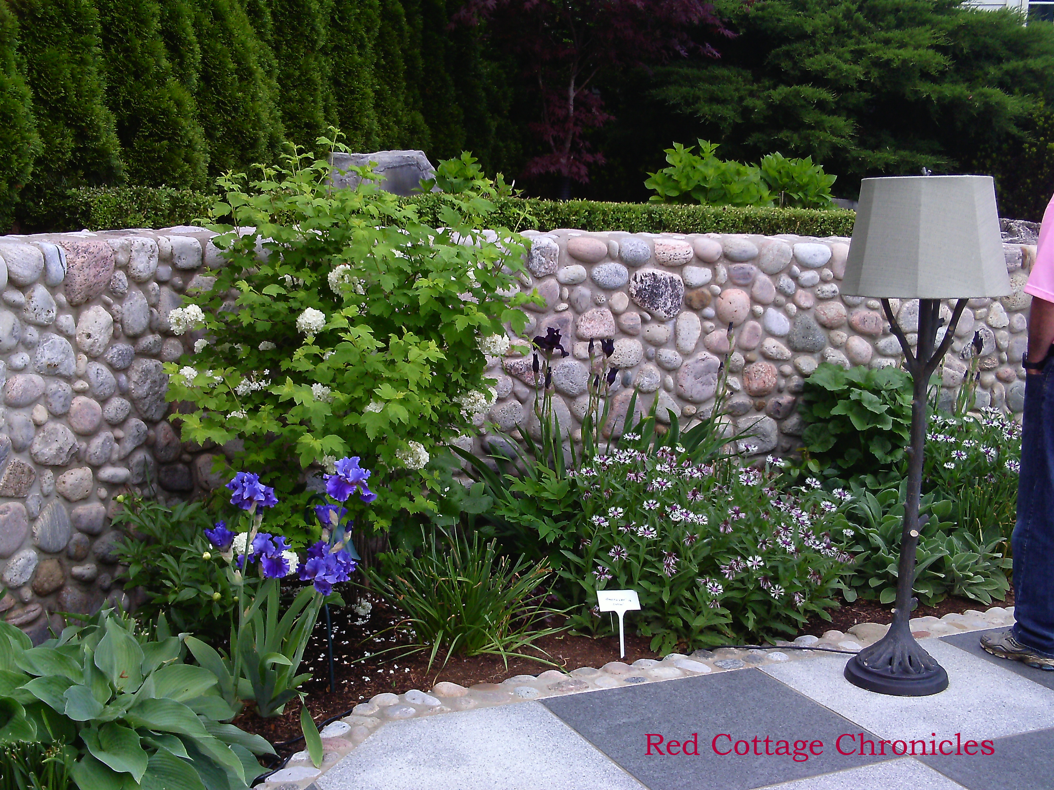 Stone garden wall with unique twig outdoor lamp