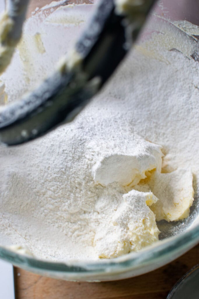 Whipped butter with sifted dry ingredients to make shortbread cookies.