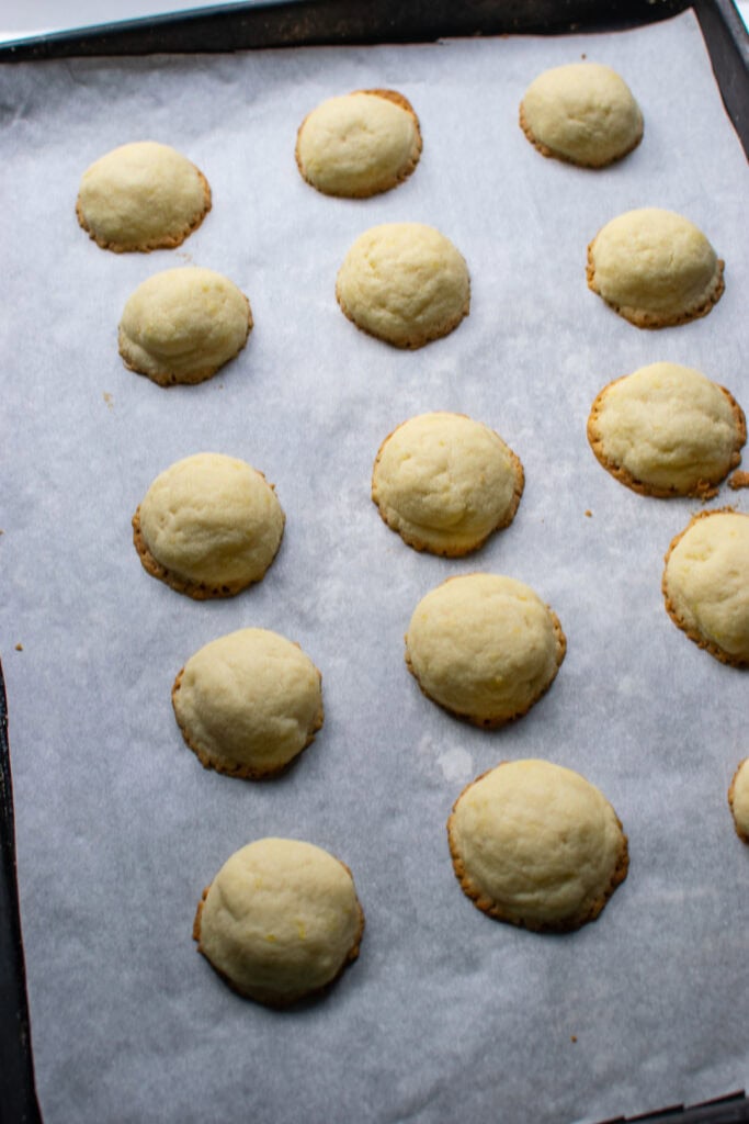 Lemon shortbread snowball cookies fresh out of the oven.