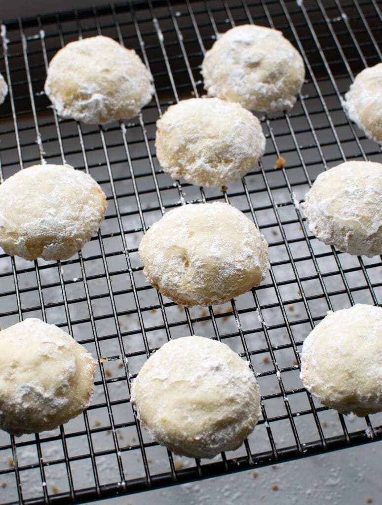 Lemon shortbread snowball cookies lightly coated in powdered sugar.