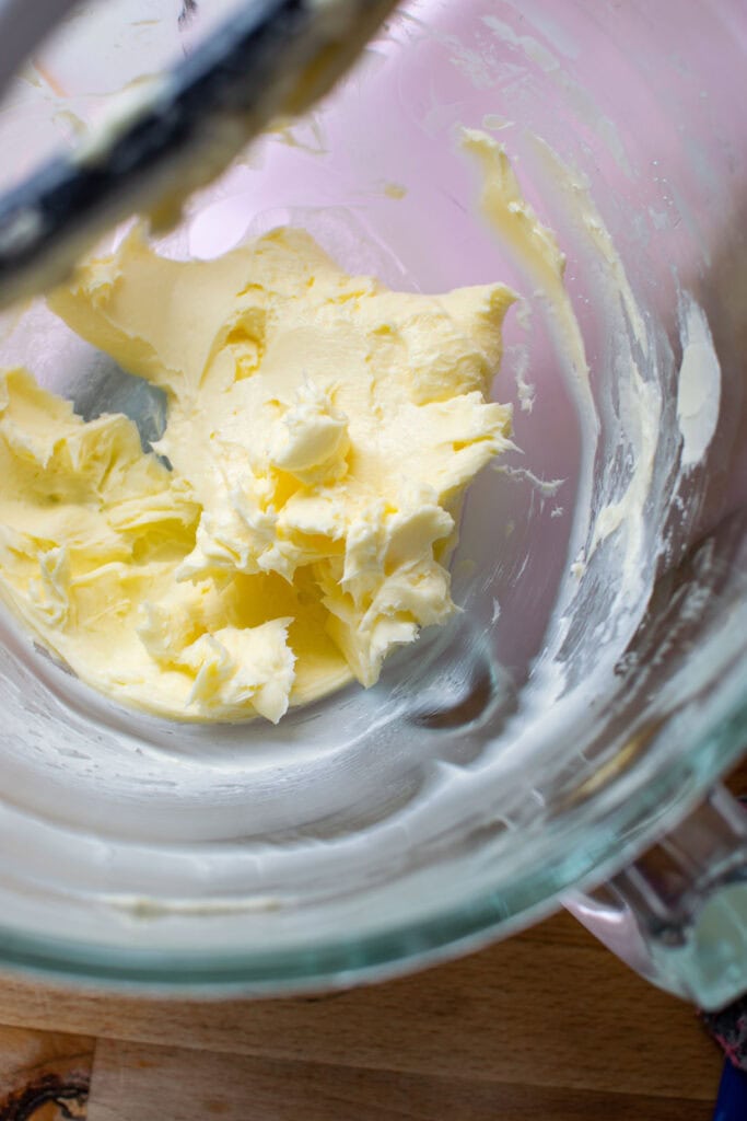 Butter that has been beaten in a stand mixer for 30 seconds.