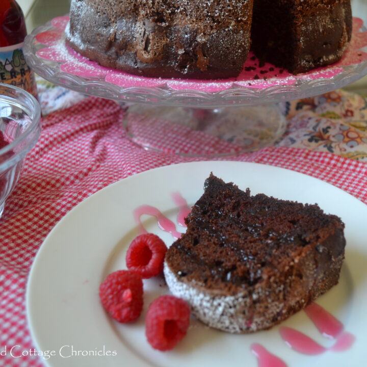 A slice of chocolate raspberry layer cake dusted with icing sugar