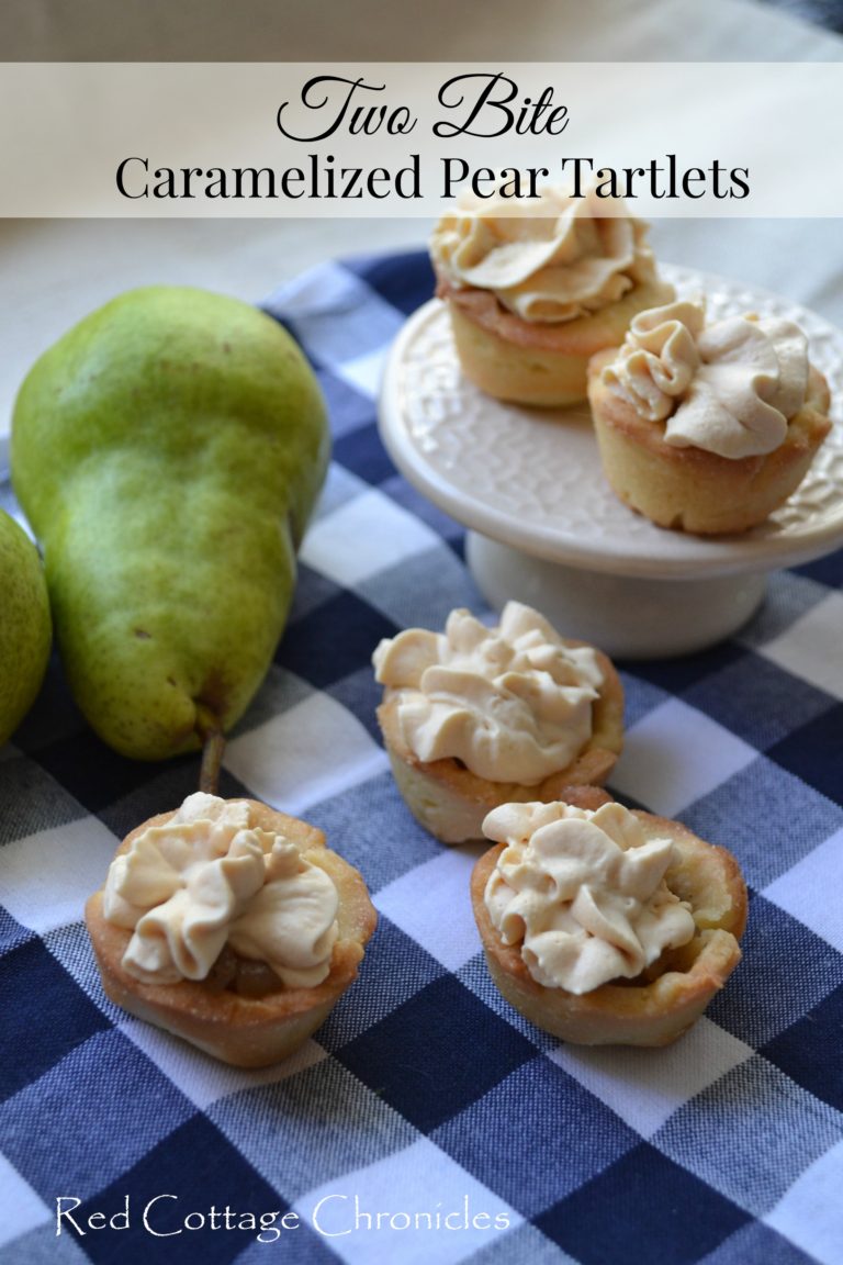 Bite sized pear tartlets on a gingham napkin.