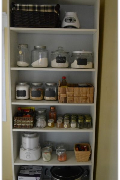 A re-purposed Ikea Billy Bookcase works as a pantry in a small space