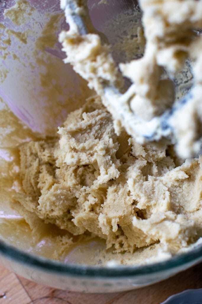 The thick batter after the butter and milk and egg mixture have been combined.