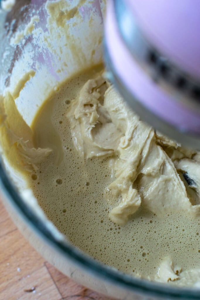 Remaining milk and egg mixture added to the batter before it is mixed together.