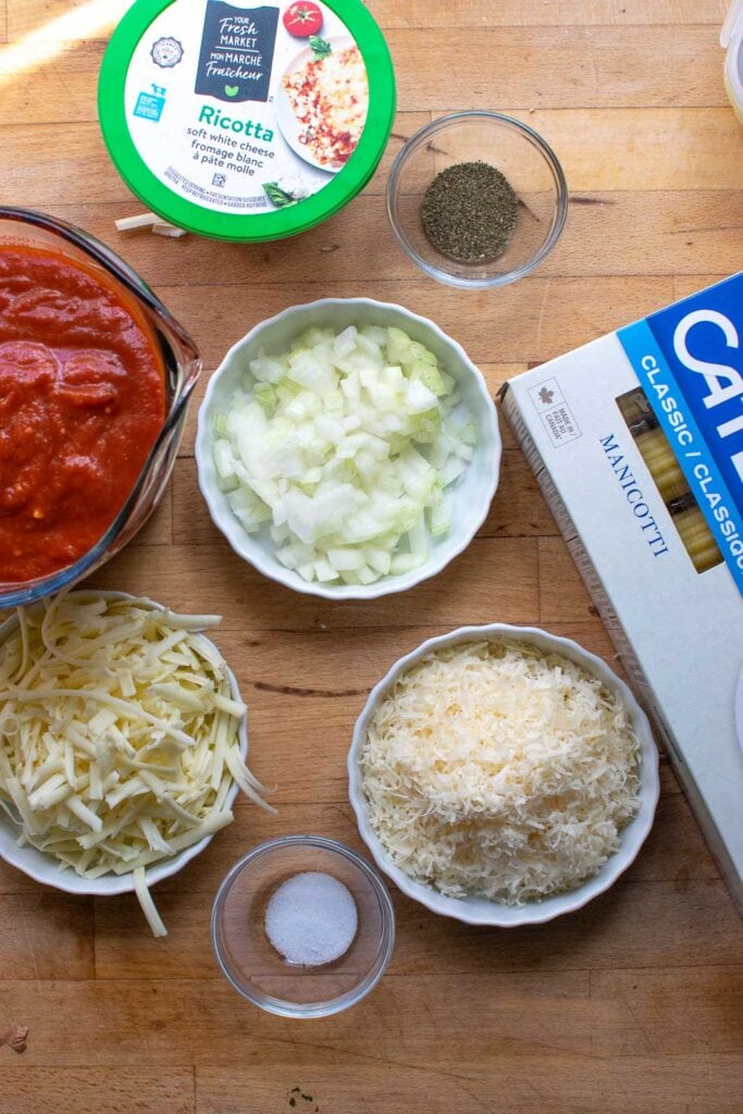 Ingredients to make 3 cheese manicotti.
