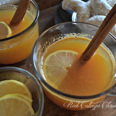 Two clear mugs filled with spiced citrus apple cider and garnished with lemon slices and cinnamon sticks.