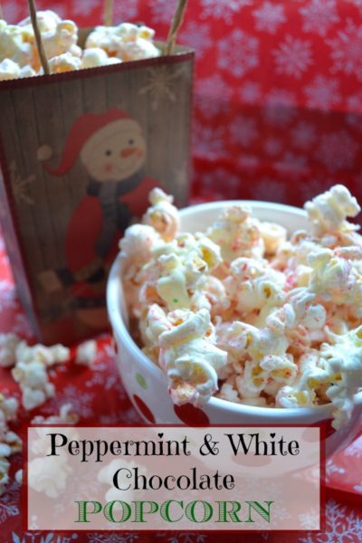 Christmas popcorn made with white chocolate and crushed candy canes