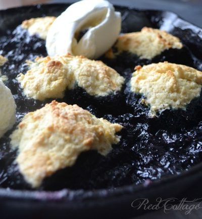 An old fashioned blueberry dessert prepared and baked in a cast iron skillet