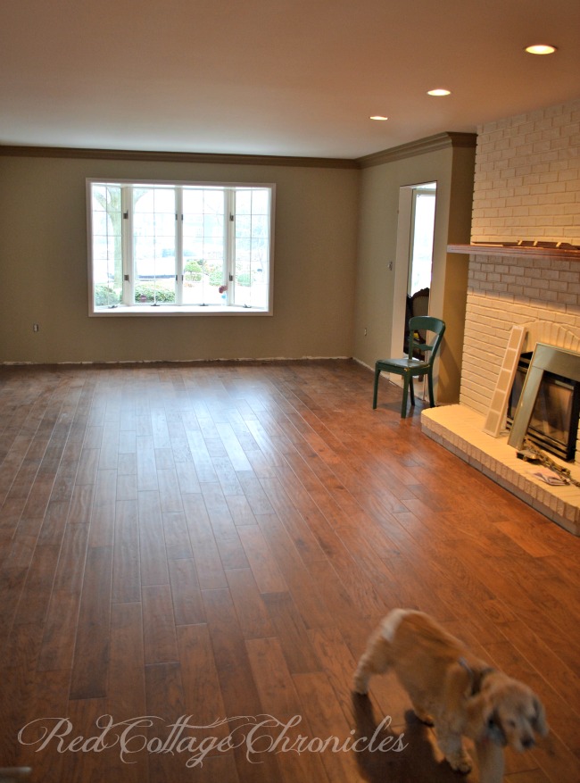 Hand scraped engineered hardwood floors update a 1980's living room