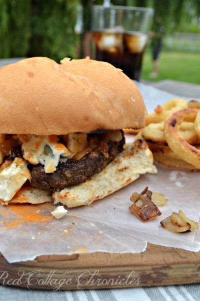 Buffalo Wing Burger with a mild buffalo wing sauce and crumbled blue cheese