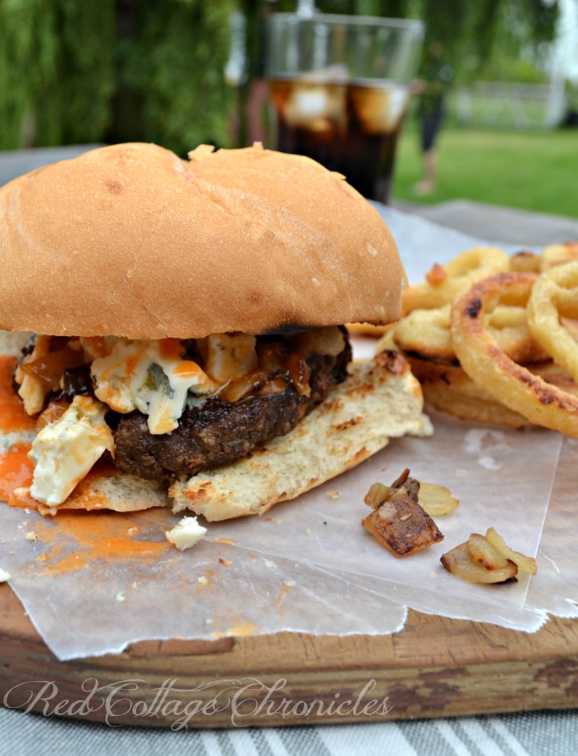 Buffalo Wing Burger with a mild buffalo wing sauce and crumbled blue cheese