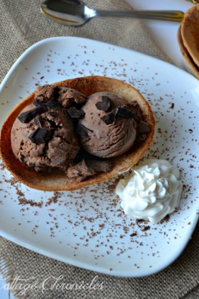 A tortilla bowl makes the perfect bowl for this Mexican Hot Chocolate Ice Cream