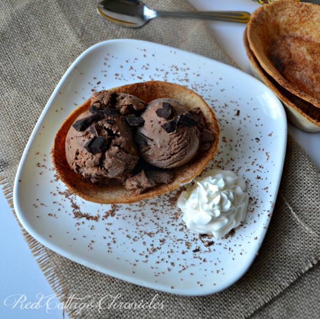 A tortilla bowl makes the perfect bowl for this Mexican Hot Chocolate Ice Cream