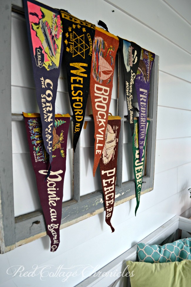 Thrift store decor vintage pennants display