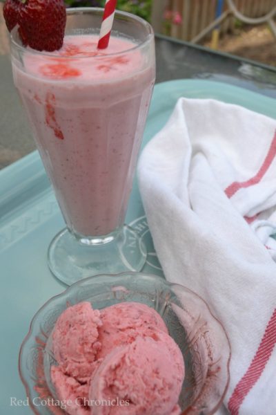 Homemade strawberry ice cream and milkshake