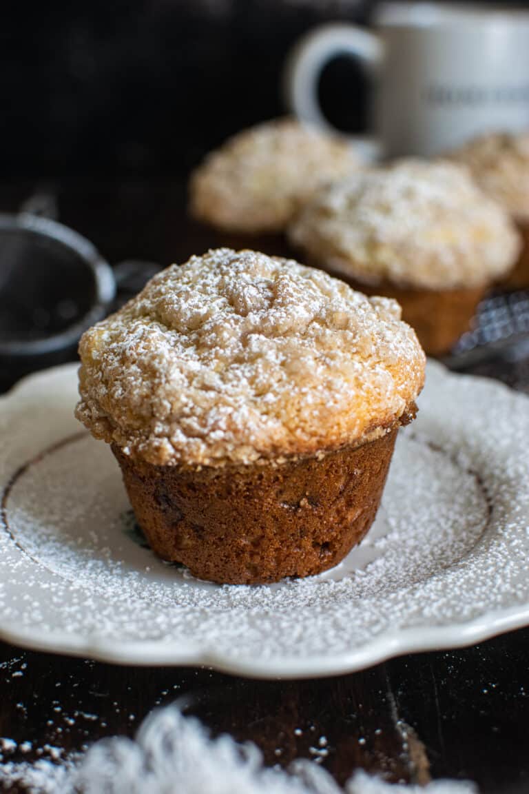 Banana Muffins made with Greek yogurt and a crumble topping.