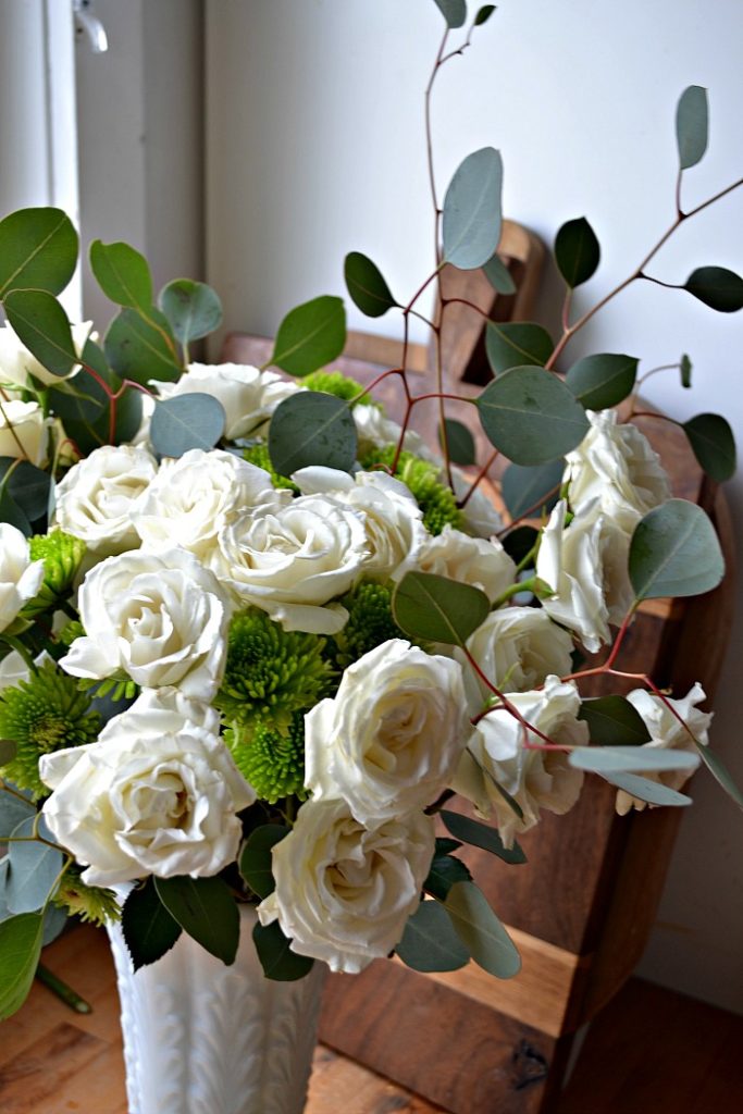 DIY white and green flower arrangement