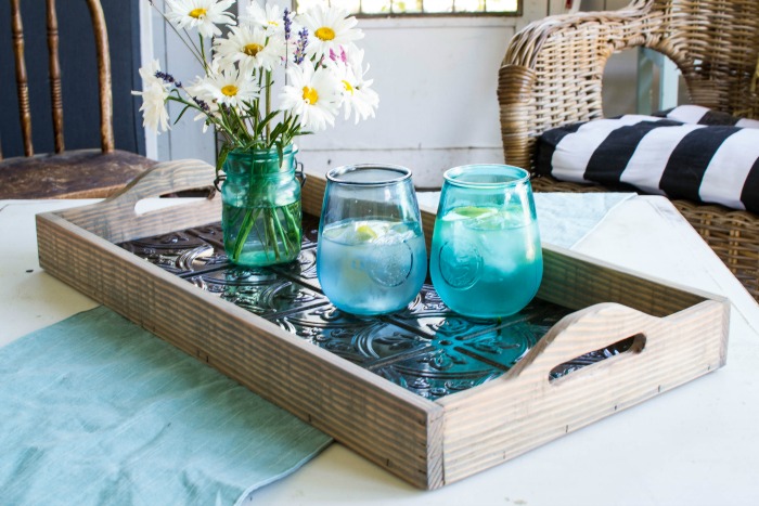DIY wood tray lined with faux tin