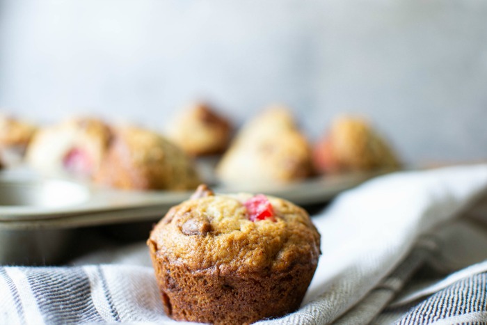 easy banana muffins with cherries and chocolate chips