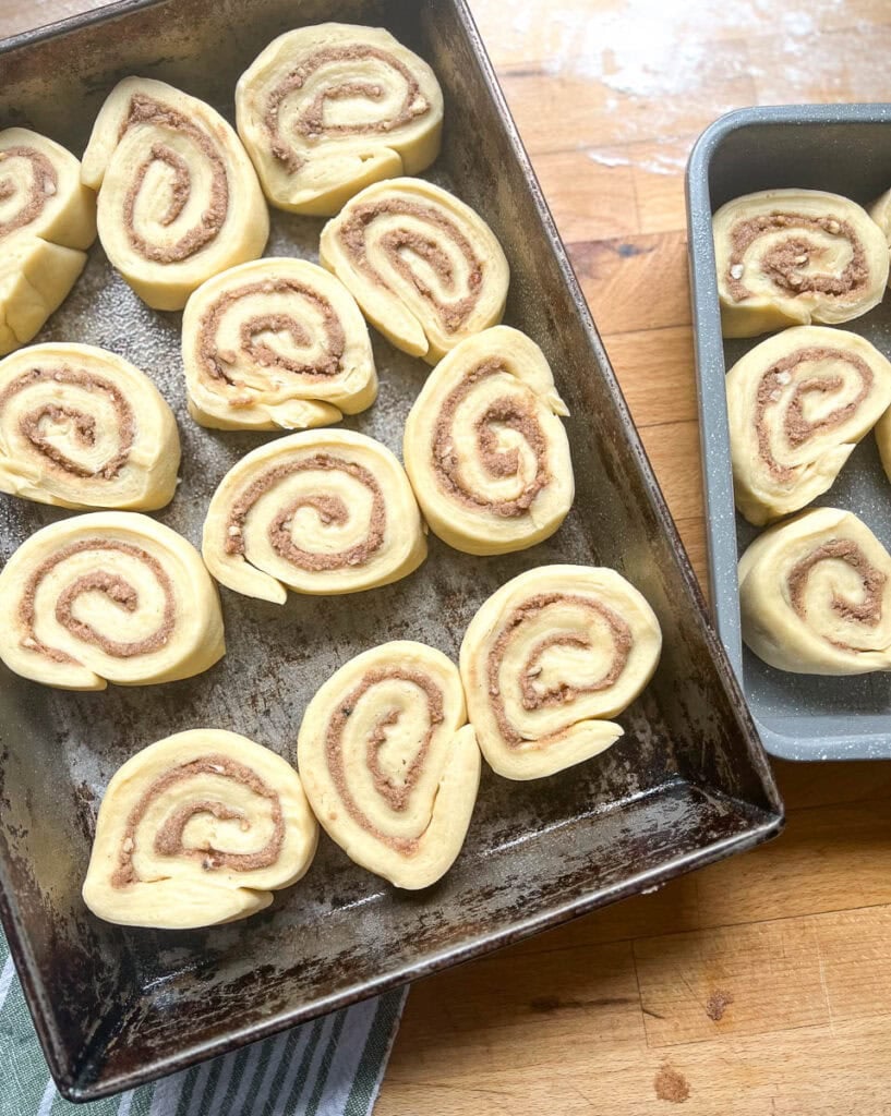Pecan Cinnamon rolls in baking pans before baking.