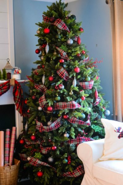 red and green Christmas tree decorations