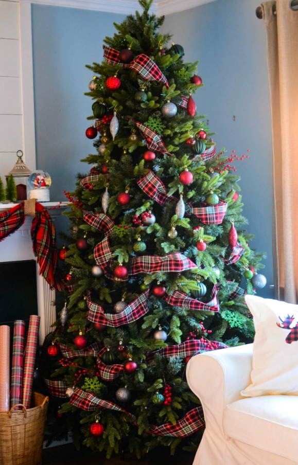 red and green Christmas tree decorations