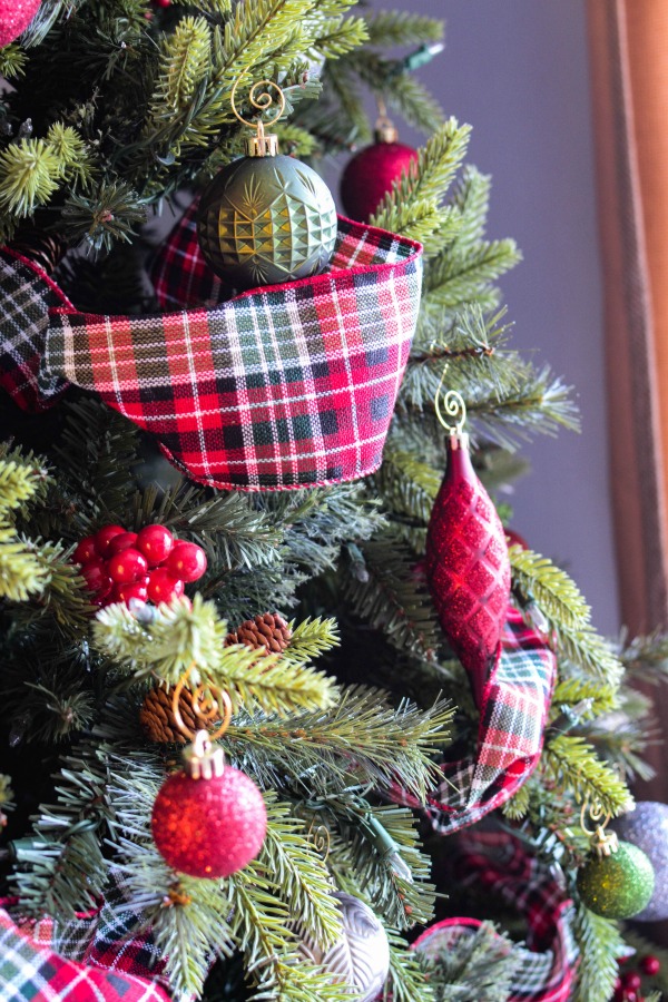 red and green Christmas tree decorations