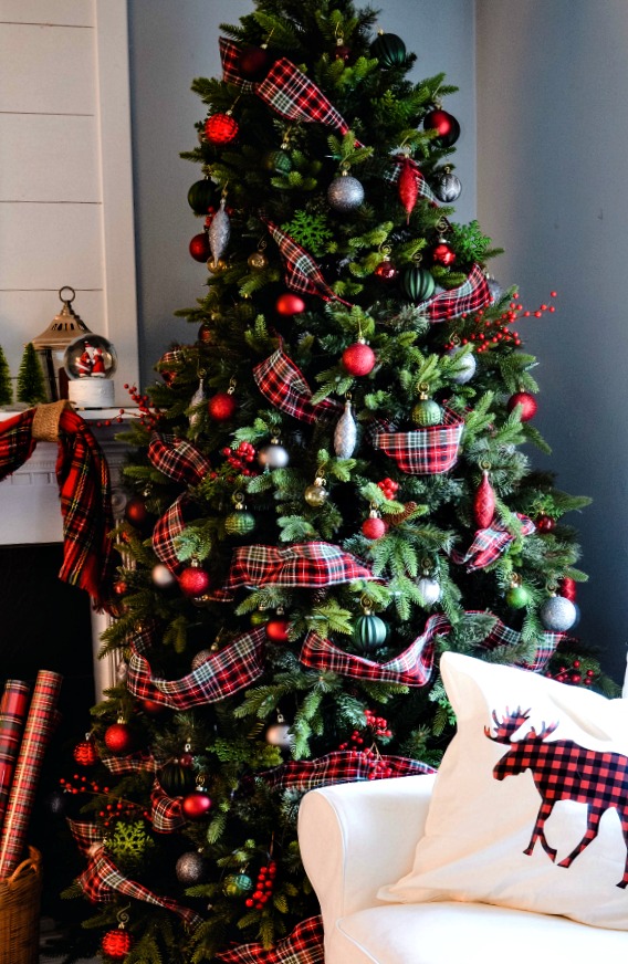 red and green Christmas tree decorations