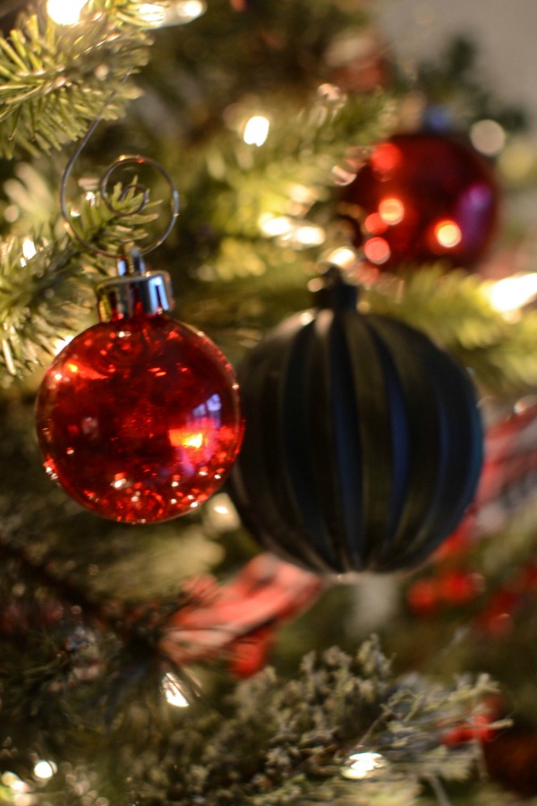 red and green Christmas tree decorations