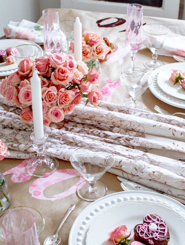 Valentine's Day Table decor featuring soft pink and blush roses