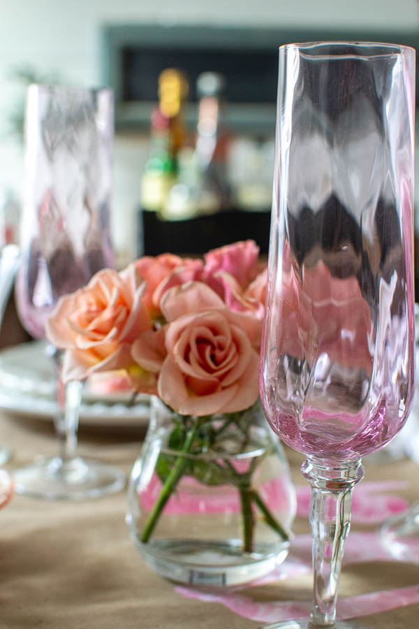 Pink champagne flutes from Ikea are features of this Valentine's Day table decor