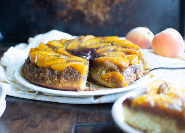 Skillet Cinnamon Sugar Peach Upside Down Cake. - Half Baked Harvest