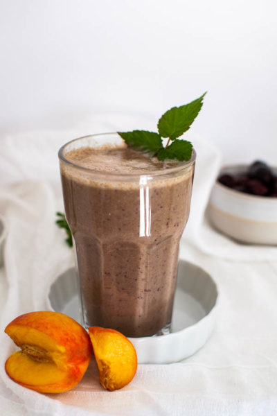 peach and cherry protein smoothie made with hemp powder