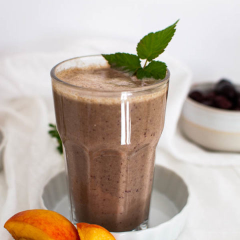 peach and cherry protein smoothie made with hemp powder