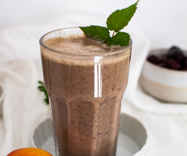 peach and cherry protein smoothie made with hemp powder