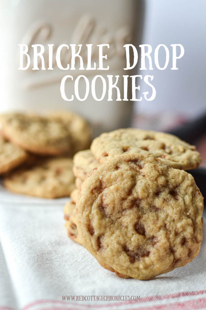 Brickle drop cookies beside a cookie jar