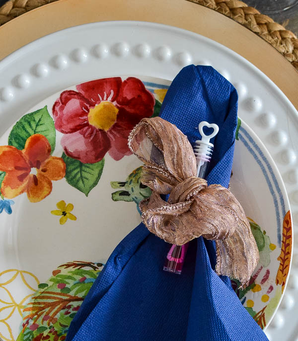 Cobalt Blue napkins on plates with bright flowers