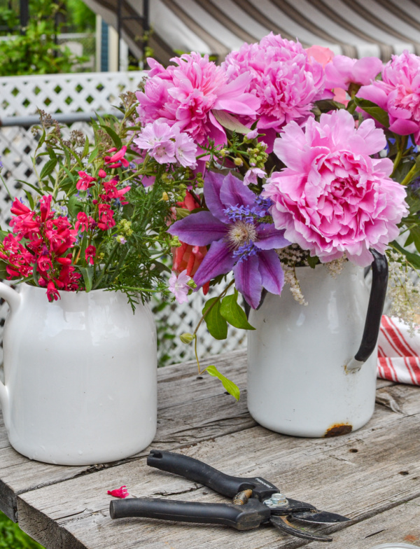 summer garden flowers in a white jug