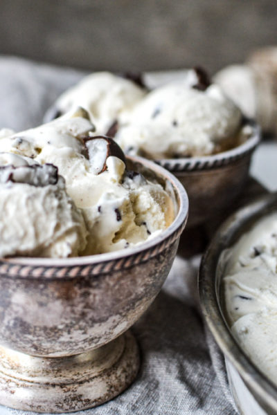 Homemade Peppermint Patty Ice Cream In antique silver bowls