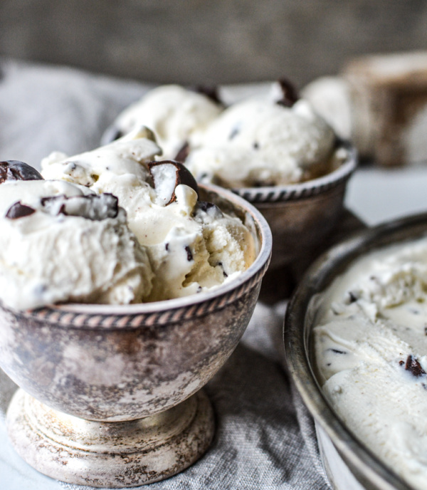 Homemade Peppermint Ice cream in antique silver bowls