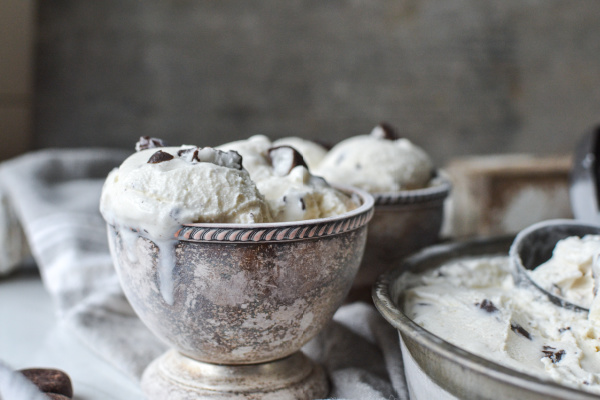 Home made peppermint ice cream served in tarnished silver footed bowls.